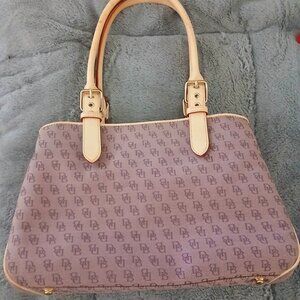 Dooney & Bourke monogram purple fabric and light tan leather handled satchel